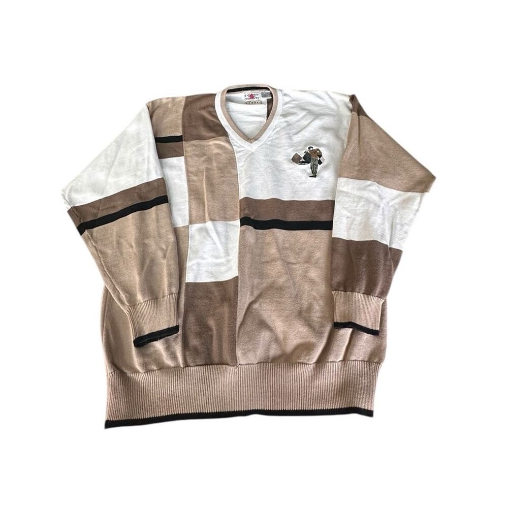 Vintage Cotton Traders Golf Sweater Men's M Brown Beige Colorblock Graphic